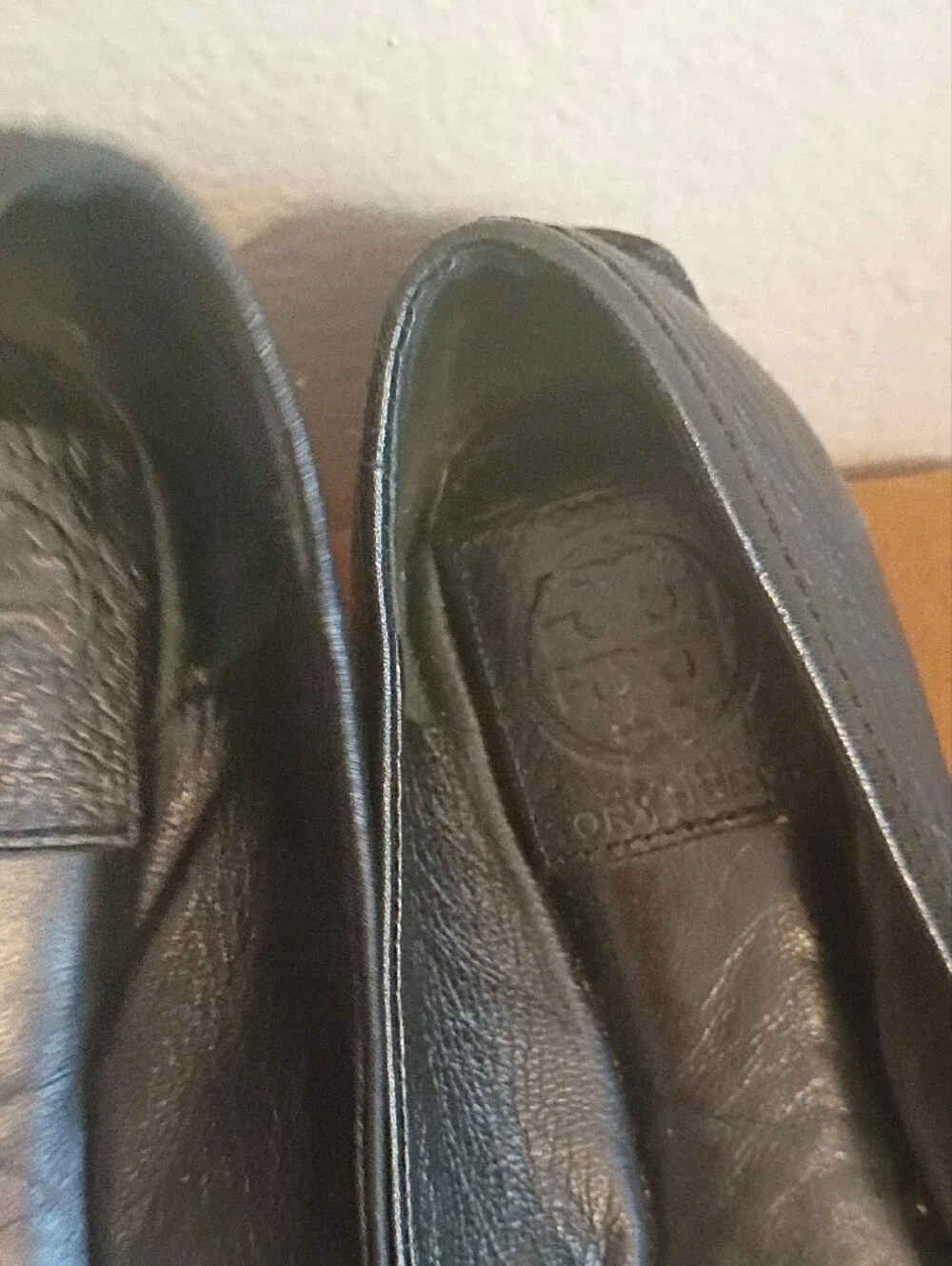 Tory Burch Black Leather Flats with Gold Logo Accent